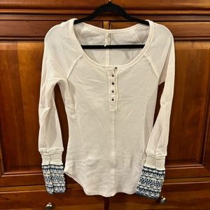 Free People White Henley with Knit Cuff Sleeves